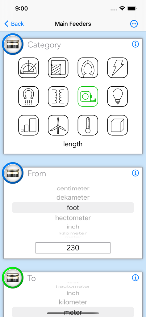 Panel Legend 2 - Interfaz de la aplicación Panel Legend 2 que muestra una herramienta de conversión de unidades para alimentadores principales con varios iconos eléctricos y de construcción.