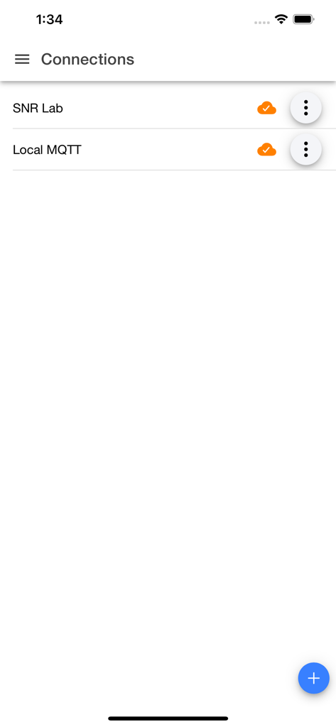 IoT MQTT Panel Pro - Mobile app screen displaying a list of configured MQTT broker connections with status icons and an add button.