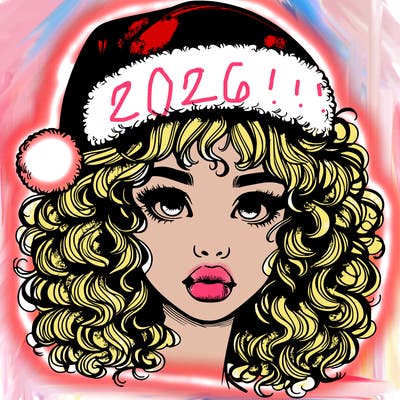 realistic girl with a santa hat curly hair and lips