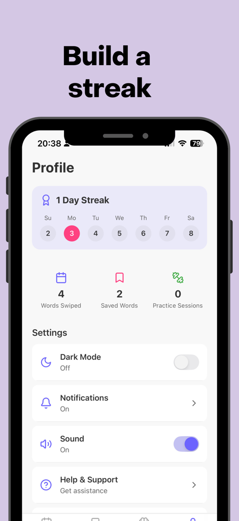 Vocab Builder: Learn new words - Profile screen of the Vocab Builder app showing a daily learning streak and user statistics