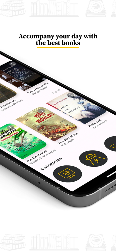 스마트폰 화면에 오만과 편견과 같은 고전 책 컬렉션이 독서 목록 앱에 표시됨.