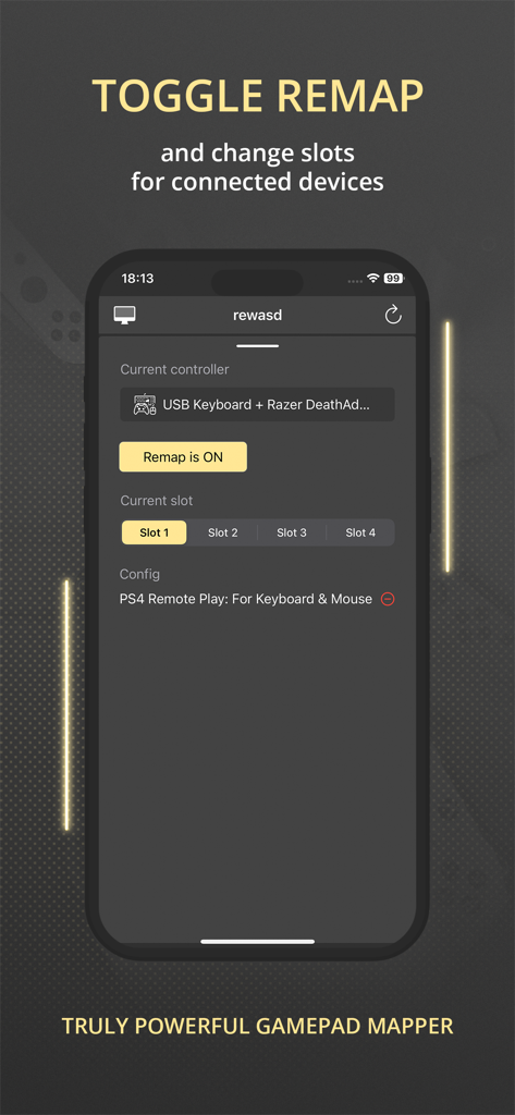 リマップトグルとコントローラースロット選択を表示するreWASD Mobileアプリインターフェイス