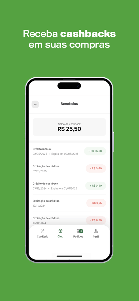Schermata dell'app Cabana Burger che mostra la sezione dei vantaggi del Cabana Club con il saldo cashback e la cronologia delle transazioni
