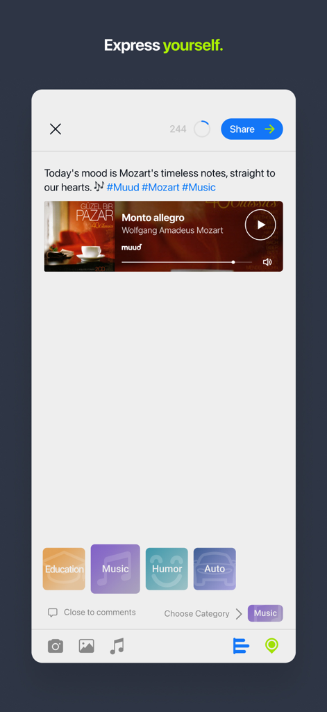 A screenshot showing how to create and categorize a post in the Yaay social media app.