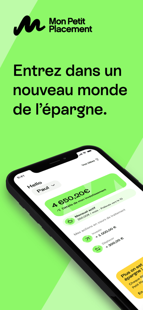Interface de l'application Mon Petit Placement montrant le solde d'un portefeuille d'investissement et l'activité d'épargne mensuelle