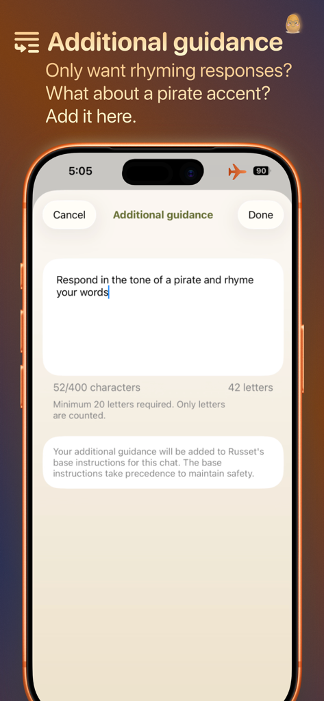 Russet: Private on-device AI - Interface of the Russet app showing additional guidance settings to customize AI response styles and tones on iPhone.