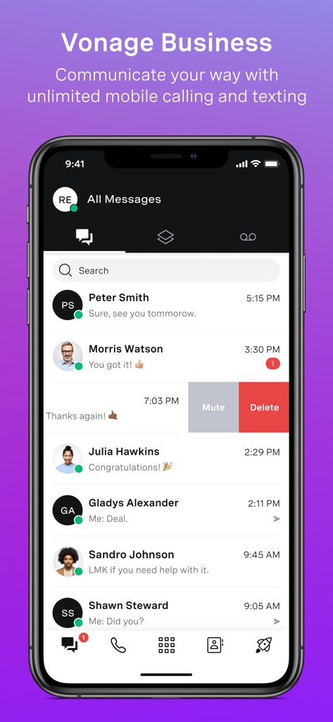 Vonage Business Communications - Capture d'écran de l'application Vonage Business montrant une boîte de réception de messagerie unifiée avec une liste de contacts professionnels sur un iPhone