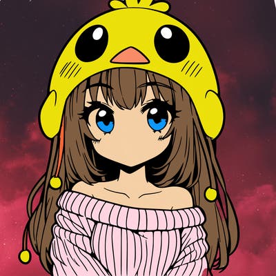 anime girl with chick shaped hat with sweater with bare shoulders with bangs covering them one eye with low tail