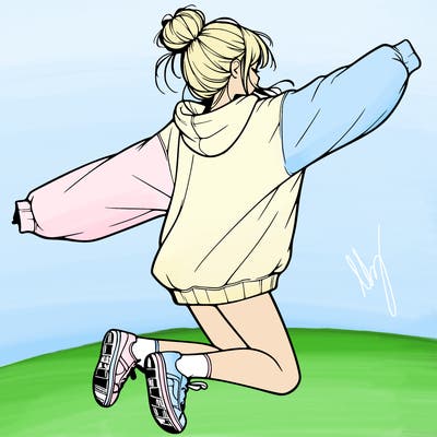 realistic girl jumping with a bun and oversized sweatshirt