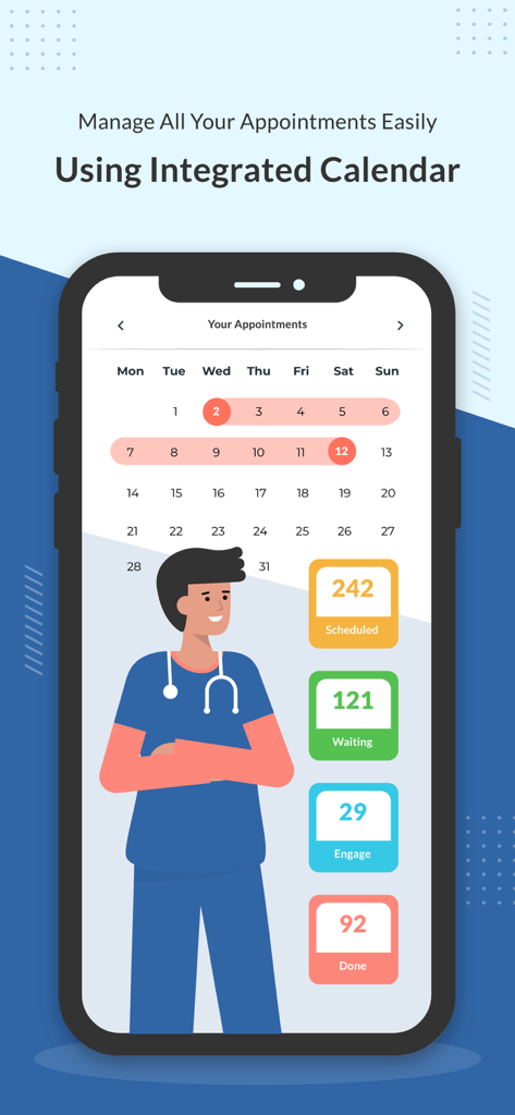 Interfaz de la aplicación KiviDoc que muestra un calendario integrado para gestionar citas médicas y estadísticas del estado del paciente.