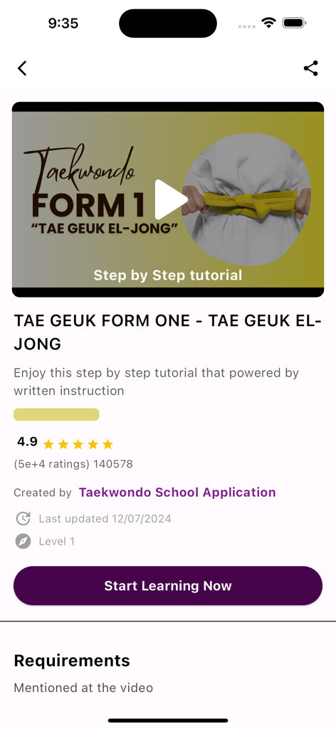 Taekwondo School - Mobile app interface displaying a step by step video tutorial for Taekwondo Tae Geuk Form One