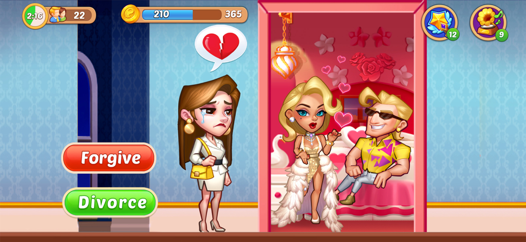 Hotel Craze® Design Makeover - Hotel Crazeの物語の選択画面。ドラマチックなシーンで、許すか離婚するかを選ぶボタンが表示されています。