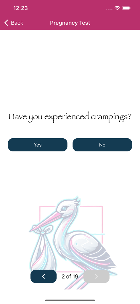 Pregnancy Test Quiz & Checker - Interfaz de la aplicación Cuestionario de Prueba de Embarazo preguntando sobre síntomas de calambres con una ilustración de cigüeña