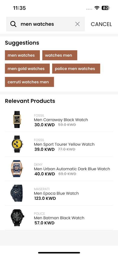 Ontime Online Shopping - Ontimeショッピングアプリのメンズウォッチの検索結果。フォッシルやマセラティなどのブランド名と価格が表示されています。