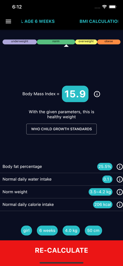 Ideal Weight & BMI Calculator - Infant BMI calculation screen showing healthy weight for a six week old baby girl based on WHO standards