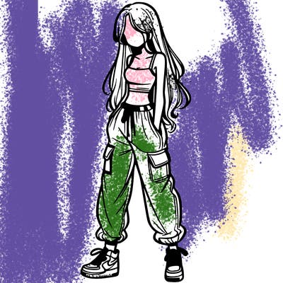 girl in baggy pants crop top and long hair