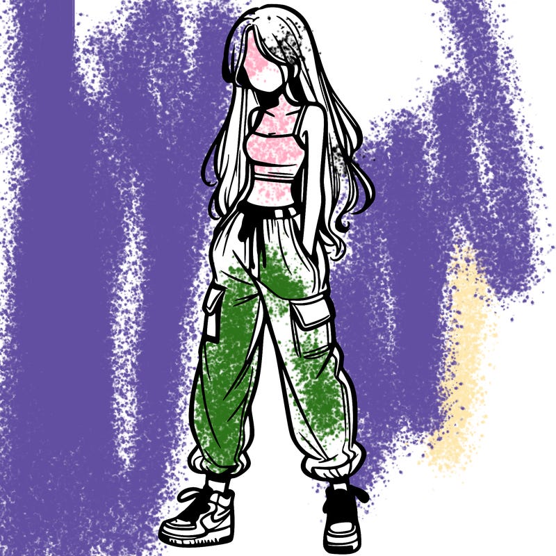 girl in baggy pants crop top and long hair