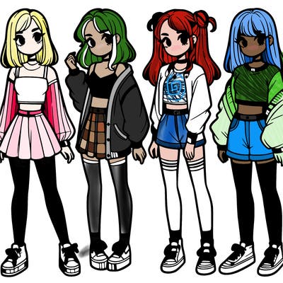 one girl with crop-top shirt and a jacket with a skirt, long socks and another girl with a shirt and pants with a jacket