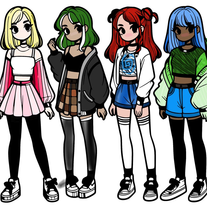 one girl with crop-top shirt and a jacket with a skirt, long socks and another girl with a shirt and pants with a jacket
