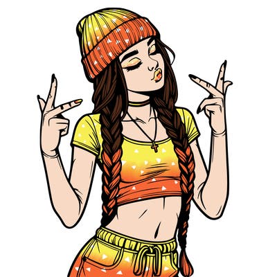 realistic teenage girl with braids and a beanie and crop top doing 🫶🏼