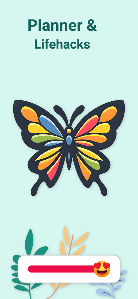 ADHD: Planner & Lifehacks - ADHDプランナーとライフハックのウェルカムスクリーンにカラフルな蝶のロゴ