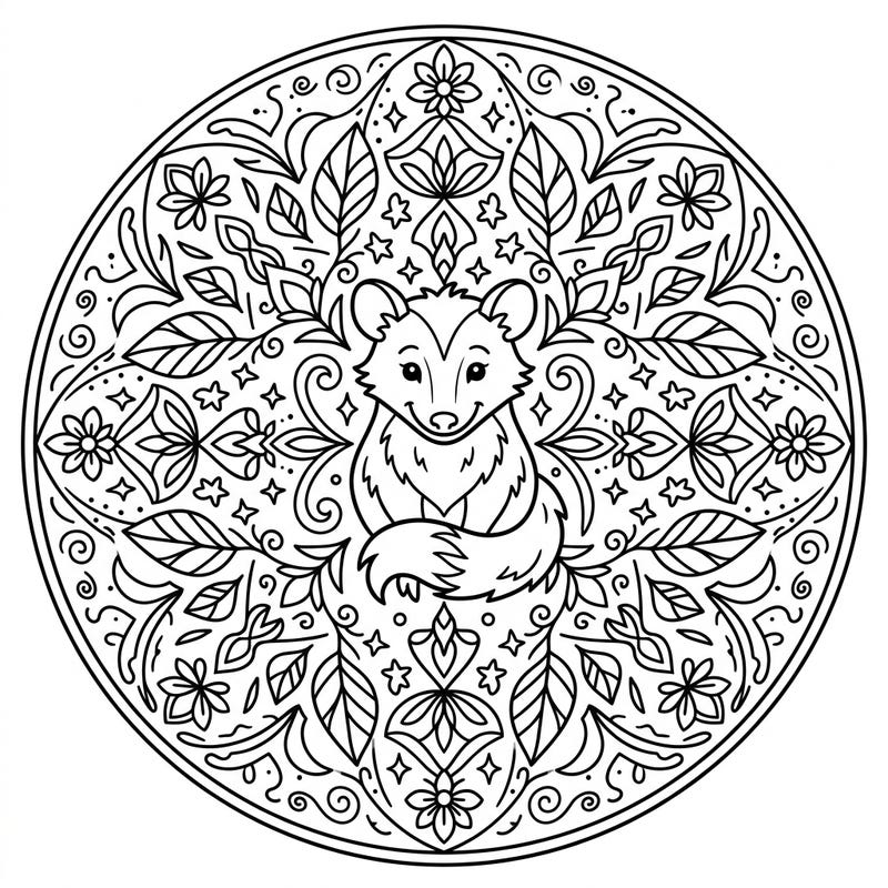 Dive into a world of creativity with this charming possum mandala, designed to delight young artists. Its balanced lines and friendly central character make it the perfect coloring activity for kids aged 4-8.