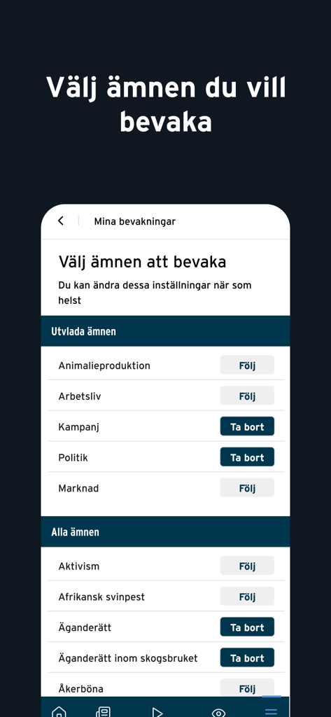 ATL Nyheter - Interfaccia di personalizzazione nell'app ATL Nyheter per selezionare specifici argomenti di notizie su agricoltura e silvicoltura da seguire