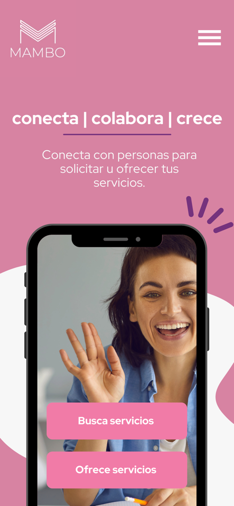 Mambo App - Mambo App home screen showing options to search or offer services with the slogan conecta colabora crece