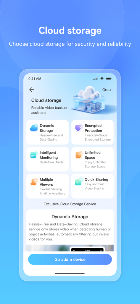 Im Cam - Interface of Im Cam app showing cloud storage options for secure video backup including encrypted protection and intelligent monitoring.