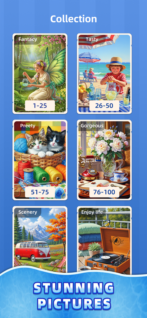 Jigsaw Snap: Tile Puzzle - A gallery of high quality themed puzzle pictures in the Jigsaw Snap app including fantasy scenery and kittens