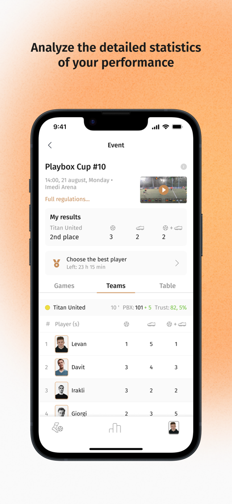 Playbox Football Platform - Playbox Football Platformアプリでサッカーの試合統計とプレイヤーランキングを表示するスマートフォンの画面