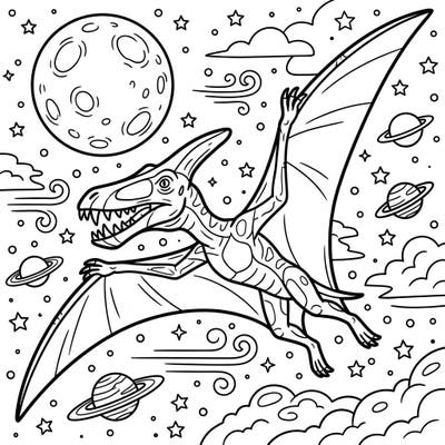 Embark on an epic prehistoric journey as a majestic Cearadactylus soars through the night sky. This captivating coloring page combines ancient dinosaurs with a celestial wonderland, perfect for imaginative artists.