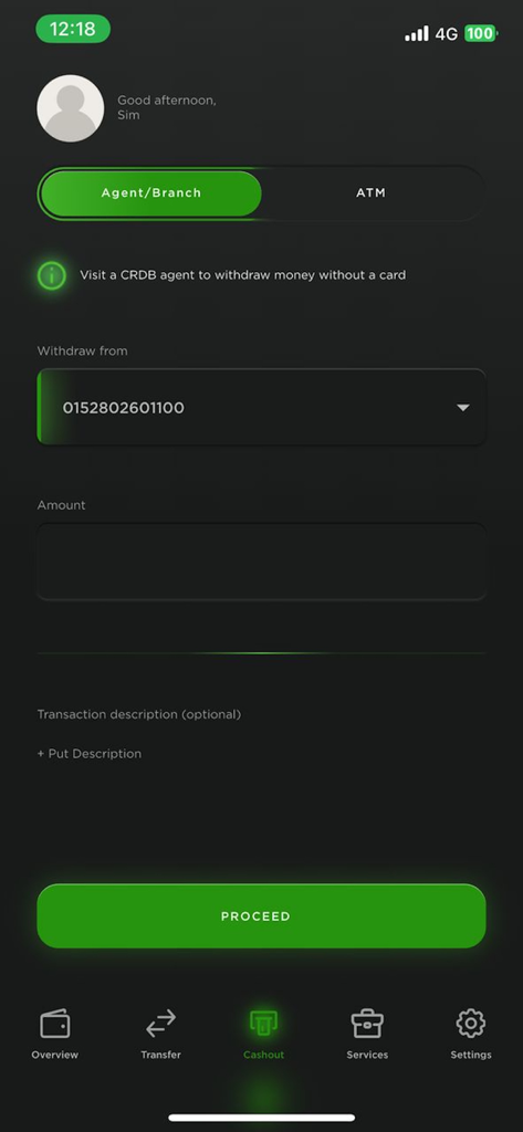 CRDB BANK SIMBANKING BURUNDI - CRDB Bank SimBanking Burundi app cashout screen for cardless withdrawals