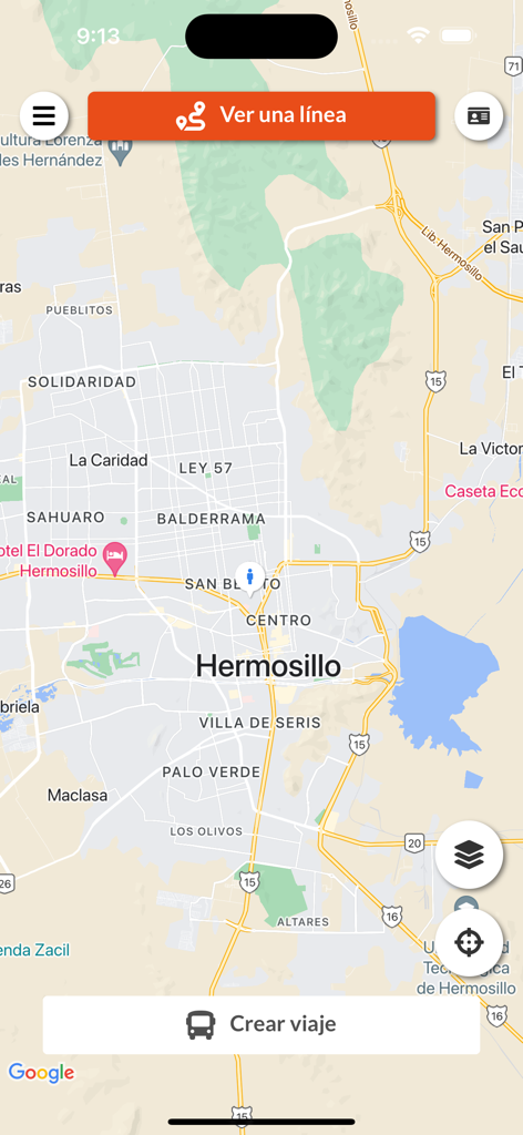 UNE Transporte Sonora - Mapa de la ciudad de Hermosillo en la aplicación de transporte público UNE Transporte Sonora