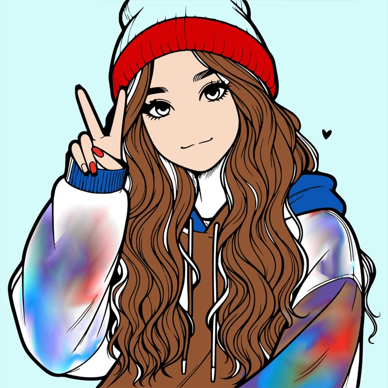 a teenage girl in a beanie, oversized sweatshirt, wavy long hair, and is showing a ✌️