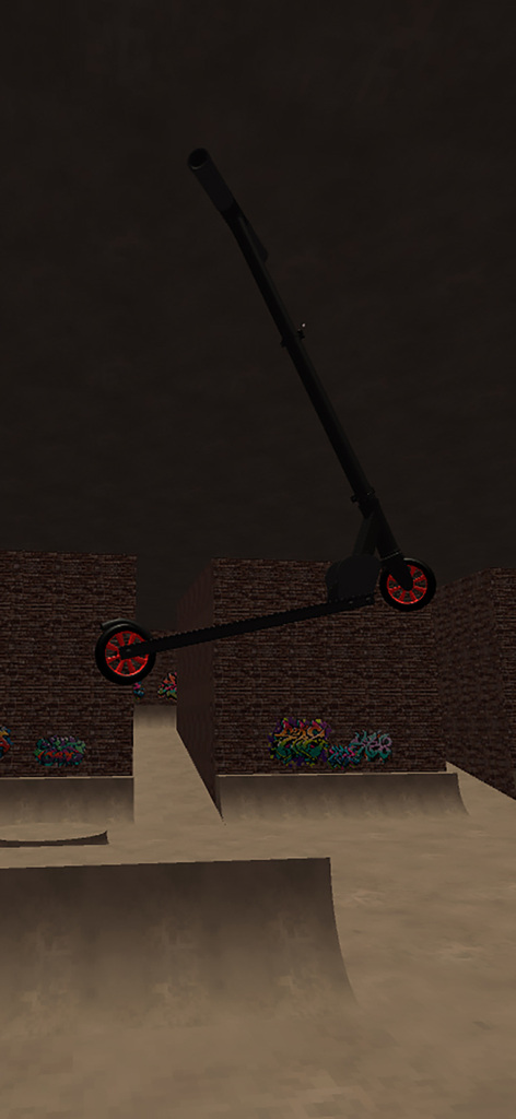 A stunt scooter performing a mid-air jump in a graffiti-covered skatepark