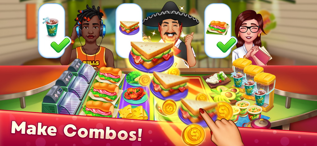 Kitchen Craze Cooking Games - Gameplay screenshot of Kitchen Craze showing customers ordering sandwiches and drinks with the text Make Combos