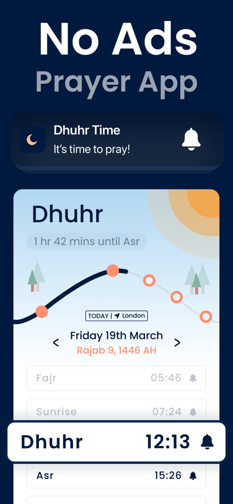 Pillars: Prayer Times & Qibla - Screenshot of Pillars app showing Dhuhr prayer time and a minimalist interface with no ads