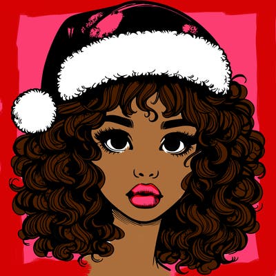 realistic girl with a santa hat curly hair and lips
