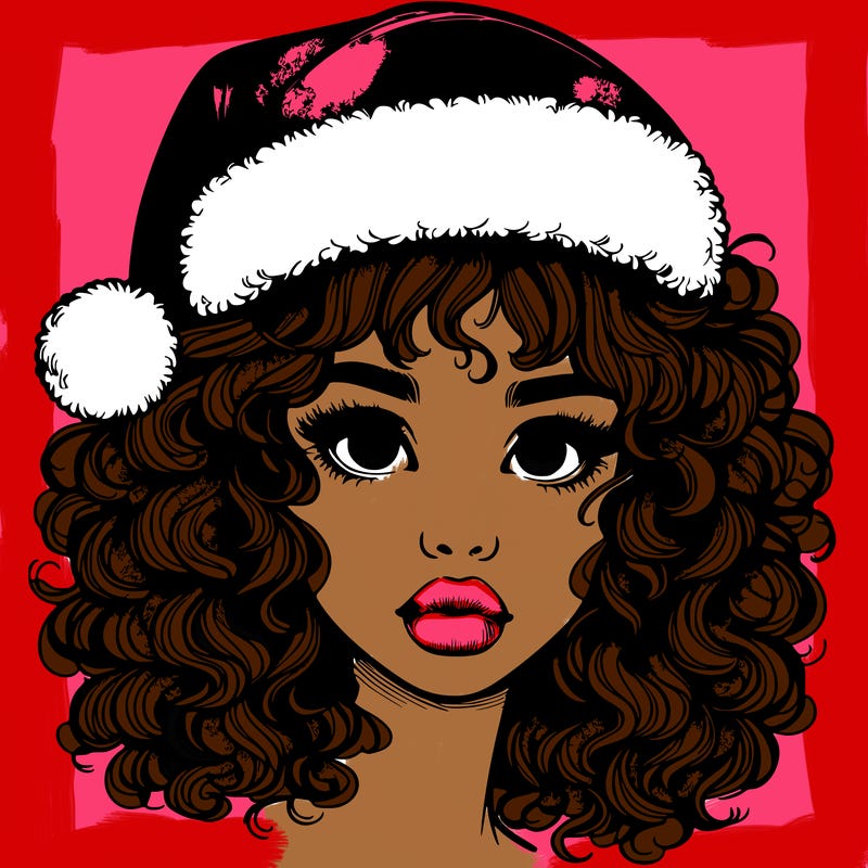 realistic girl with a santa hat curly hair and lips
