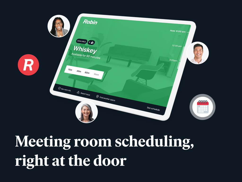 An iPad displaying the Robin meeting room app with a green background showing room availability and scheduling options.