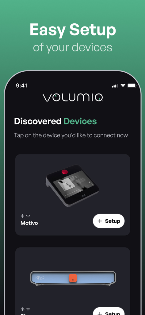 Volumio - Interfaz de la aplicación Volumio que muestra dispositivos de audio descubiertos como Motivo y Rivo listos para una fácil configuración.