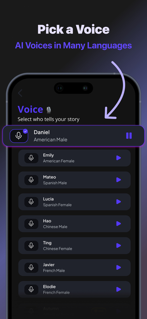 AIリールメーカーのインターフェース。動画ナレーションのための複数の言語のAIボイスセレクションを表示