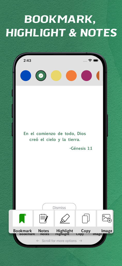 Dios Habla Hoy - offline - Interfaz de la aplicación de la Biblia Dios Habla Hoy mostrando opciones para marcar, resaltar y tomar notas de versículos.