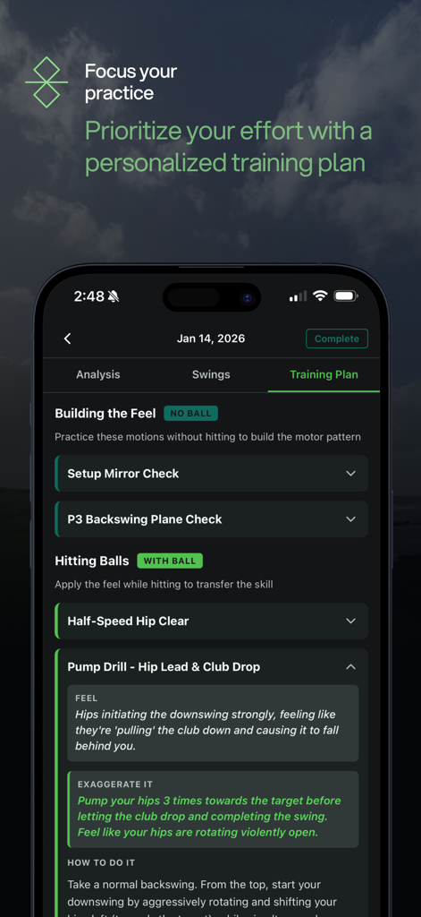 SwingReaction - Mobile screen showing a personalized golf training plan with drills for swing improvement in the SwingReaction app.