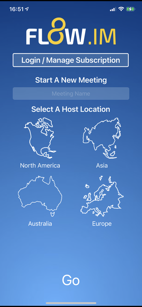 Flow IM: Video Conferencing - Flow IM app interface to start a new video meeting with options to select a host location from North America, Asia, Australia, or Europe.