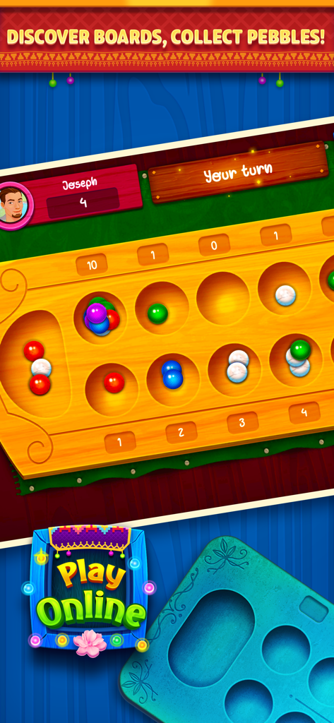 A digital mancala board game interface showing a wooden board with colorful pebbles and an online play button