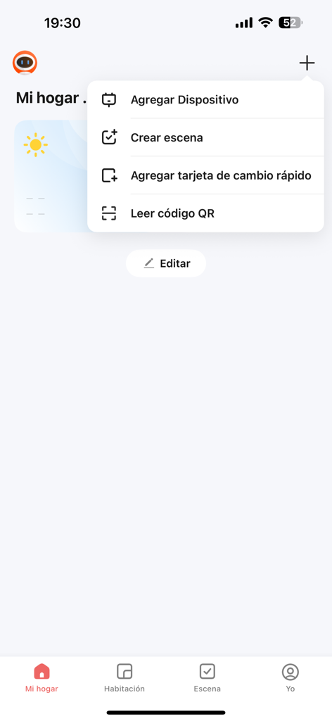 Ozom Smart Home - Ozom Smart Home app menu showing options to add a device create a scene and scan a QR code