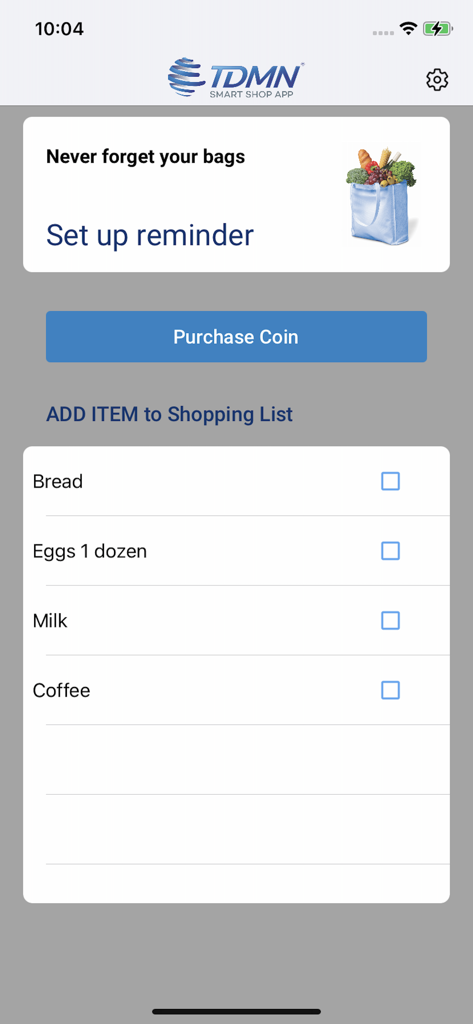 sMart Shop App - Interface of the sMart Shop App showing a grocery shopping list and a reusable bag reminder
