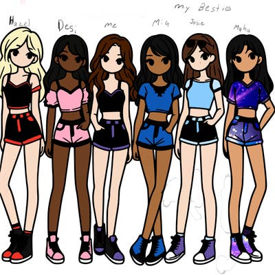 a group of girls wearing crop tops and shorts